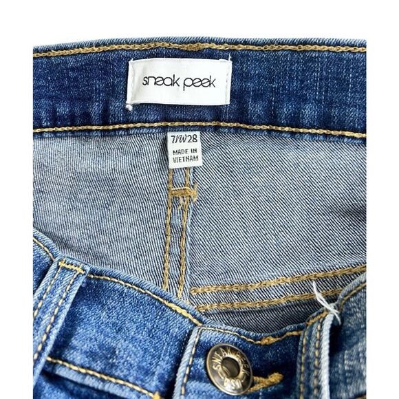 Sneak Peek Distressed Wide Leg Jeans Sz 7 28 Waist Frayed Hem High-Waist Stretch - Picture 4 of 8